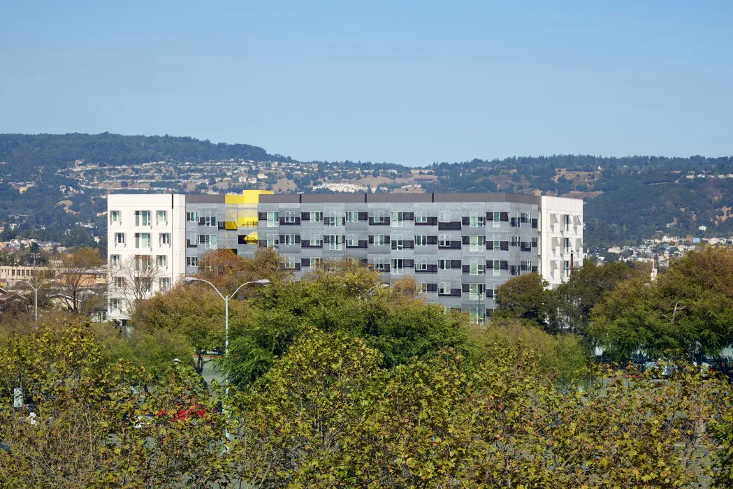 Wide shot of Coliseum Place in Oakland, California.