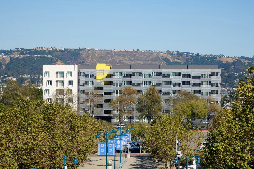 Wide shot of Coliseum Place in Oakland, California.