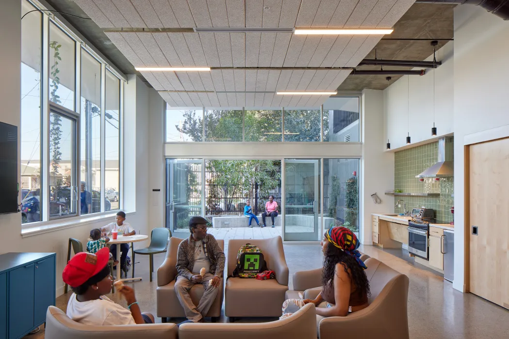 Community room inside Coliseum Place in Oakland, California.