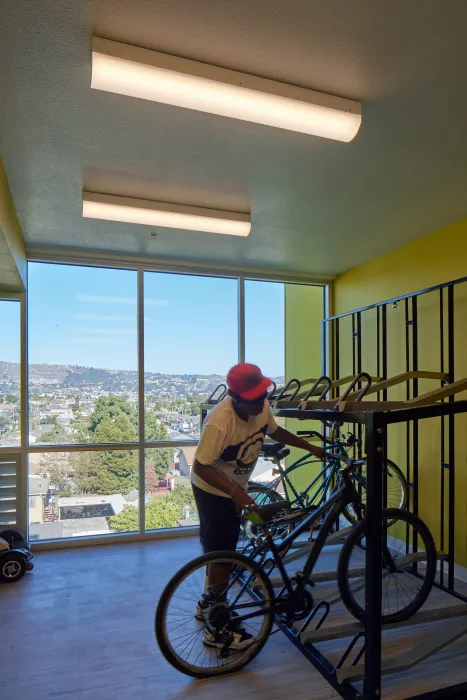 Bicycle storage inside Coliseum Place in Oakland, California.