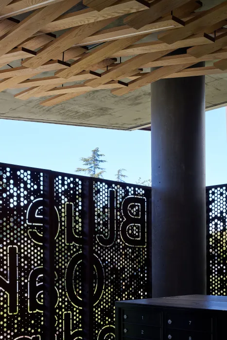 Interior view of the open-air weathering steel gate at Blue Oak Landing in Vallejo, California.