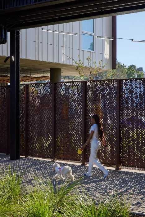 Woman walking her dog next to the weathering steel fence at Blue Oak Landing in Vallejo, California.