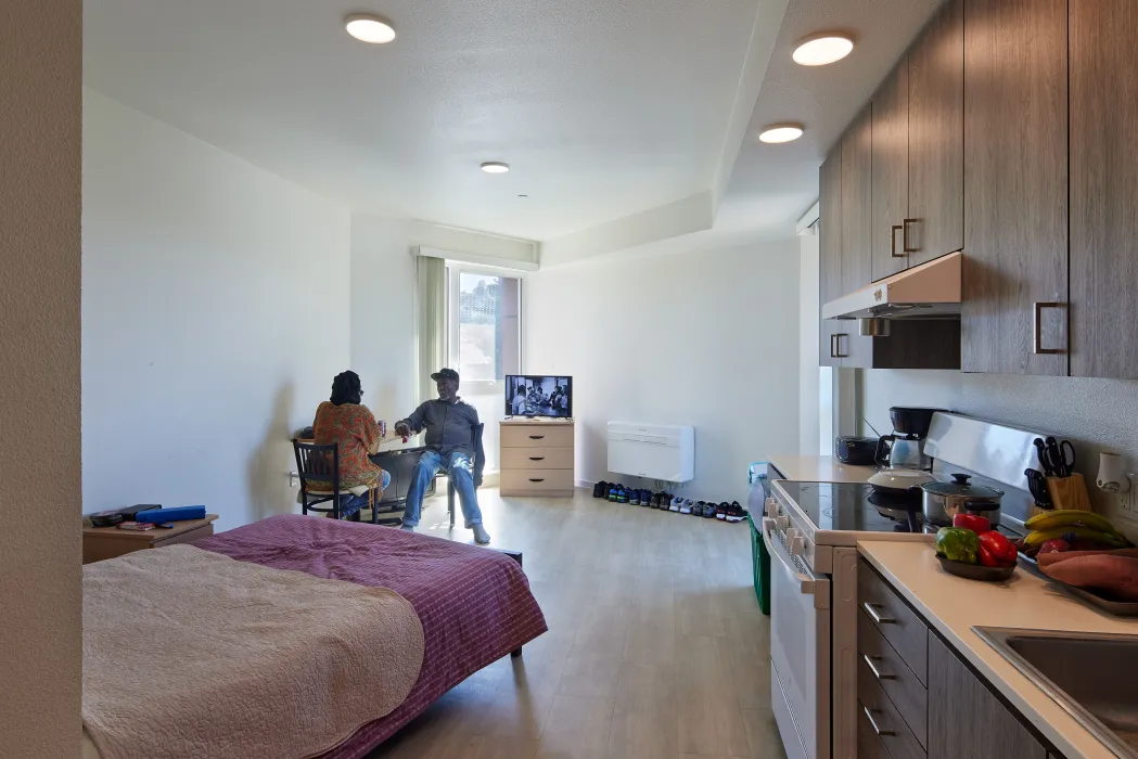 Interior view of a residents studio unit at Blue Oak Landing in Vallejo, California.