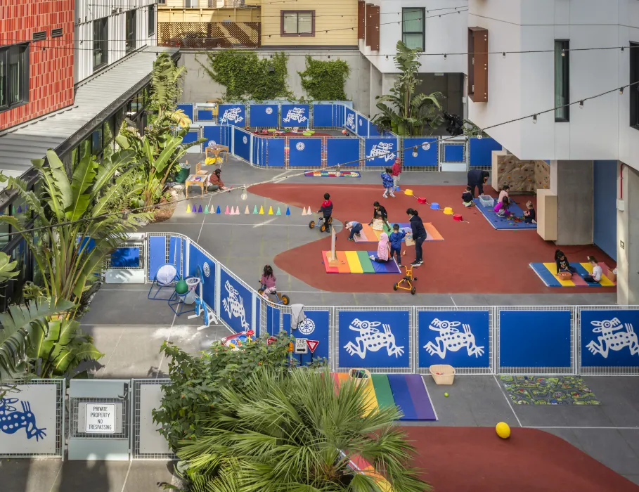 Outdoor child care center with children playing at La Fenix in San Francisco.