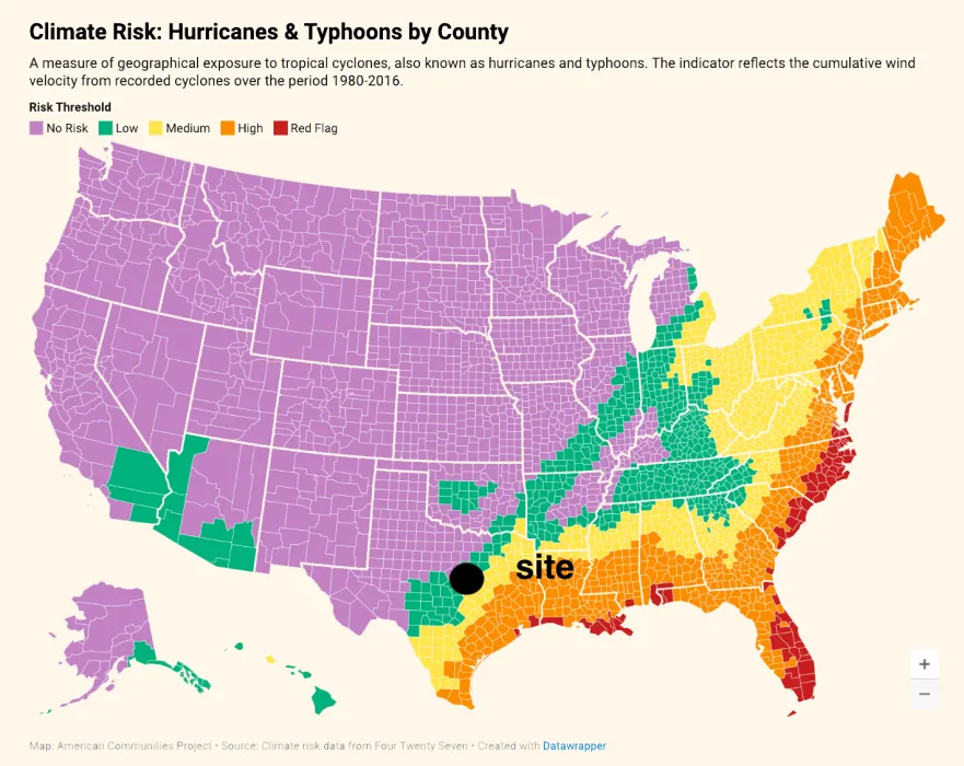 USA map showing climate risk for Hurricanes & Typhoons by County