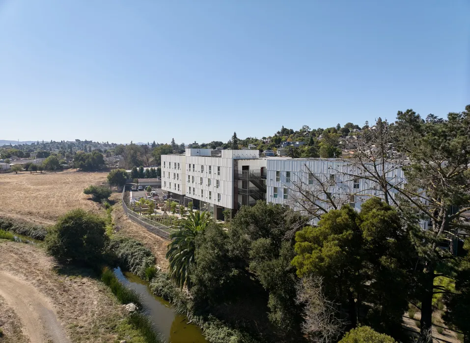 Exterior aerial view of the rear of Blue Oak Landing.