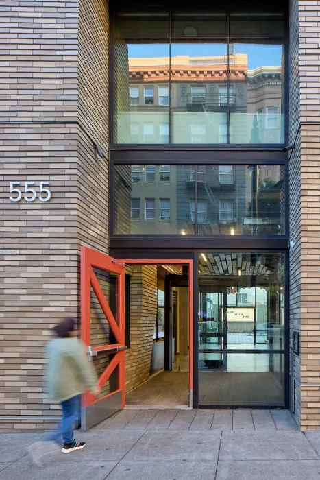 Exterior view of the entry to 555 Larkin in San Francisco.