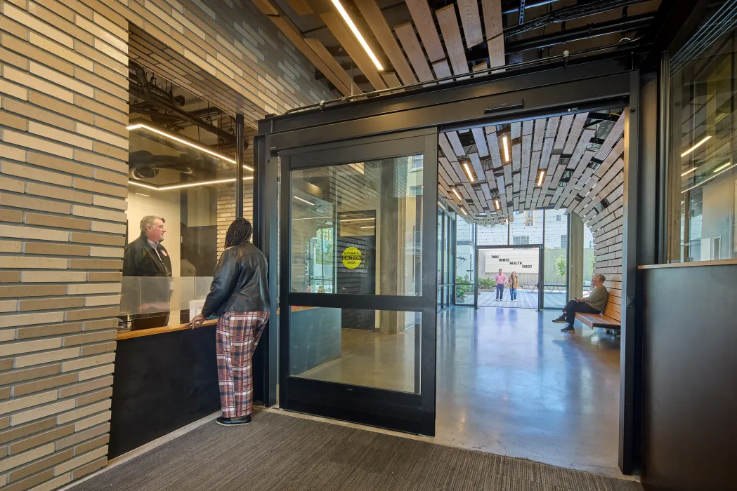 Interior of the entry lobby to 555 Larkin in San Francisco.