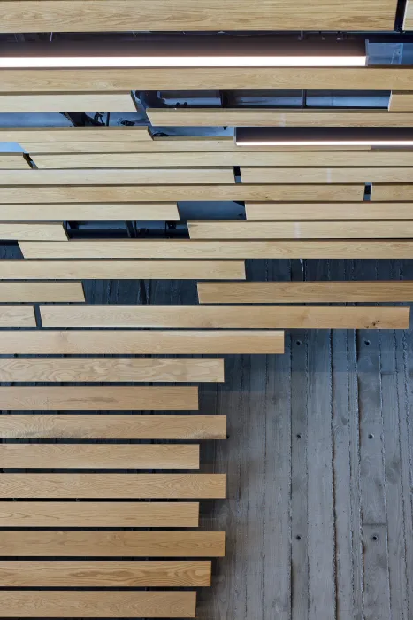 Detail view of the custom wood bench and ceiling.