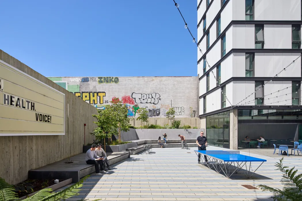 Courtyard and ping pong table at 555 Larkin in San Francisco.