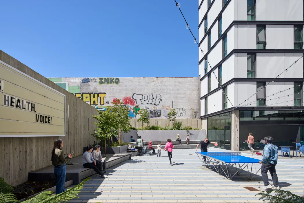 Courtyard and ping pong table at 555 Larkin in San Francisco.