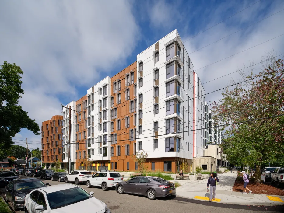 Exterior street view of Africatown Plaza in Seattle.