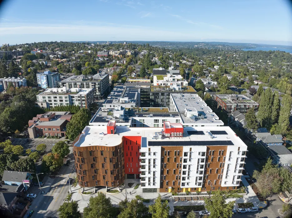 Aerial birds eye view of Africatown Plaza in Seattle.