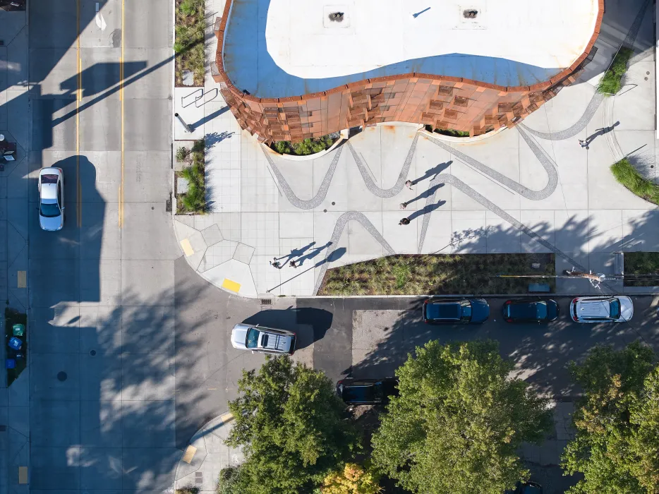 Aerial view looking down at Africatown Plaza in Seattle.