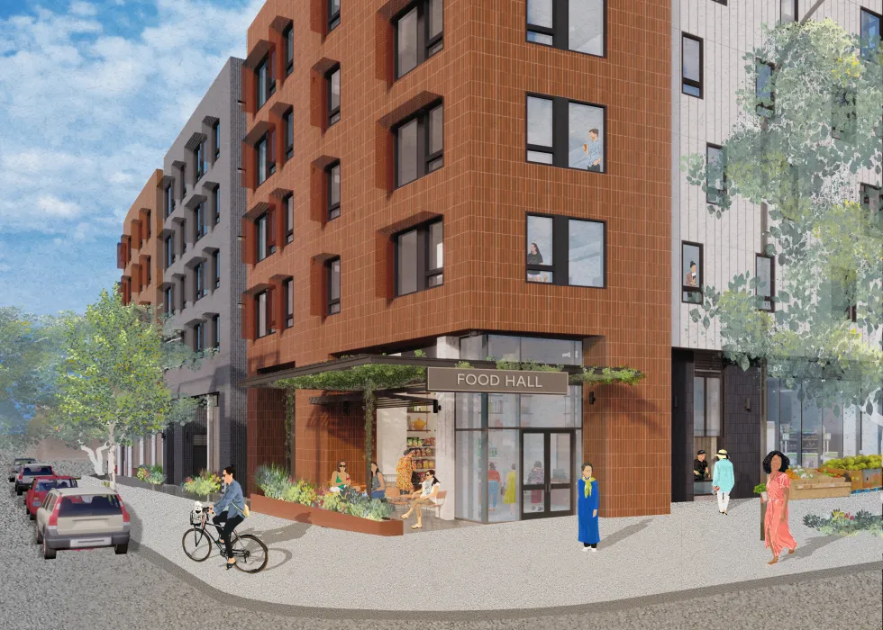 Exterior rendering of the corner of Sunnydale Block 3 in San Francisco.