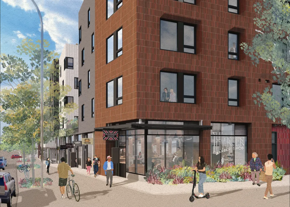 Exterior rendering of the corner retail spaces at Sunnydale Block 3 in San Francisco.