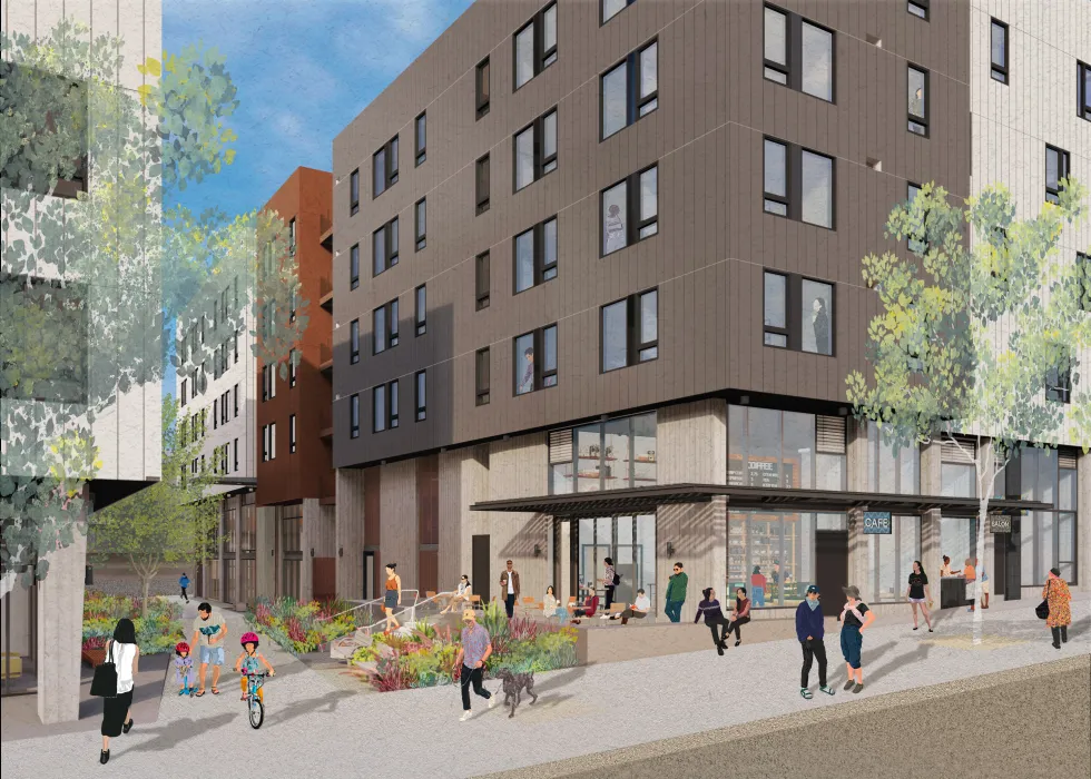 Exterior rendering of the cafe retail space at Sunnydale Block 3 in San Francisco.