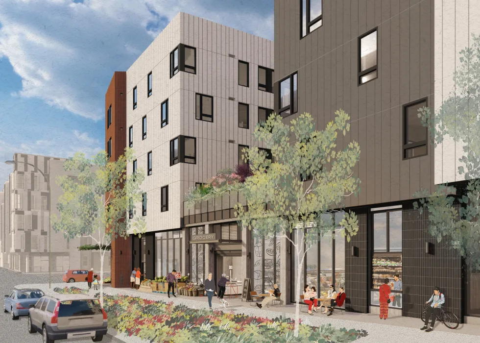 Exterior rendering of the grocery retail space at Sunnydale Block 3 in San Francisco.