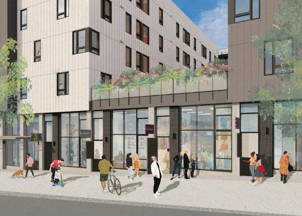 Exterior rendering of the micro-retail space at Sunnydale Block 3 in San Francisco.