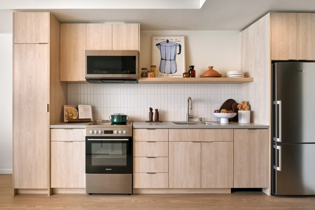 Resident kitchen at Isle House on Treasure Island in San Francisco.