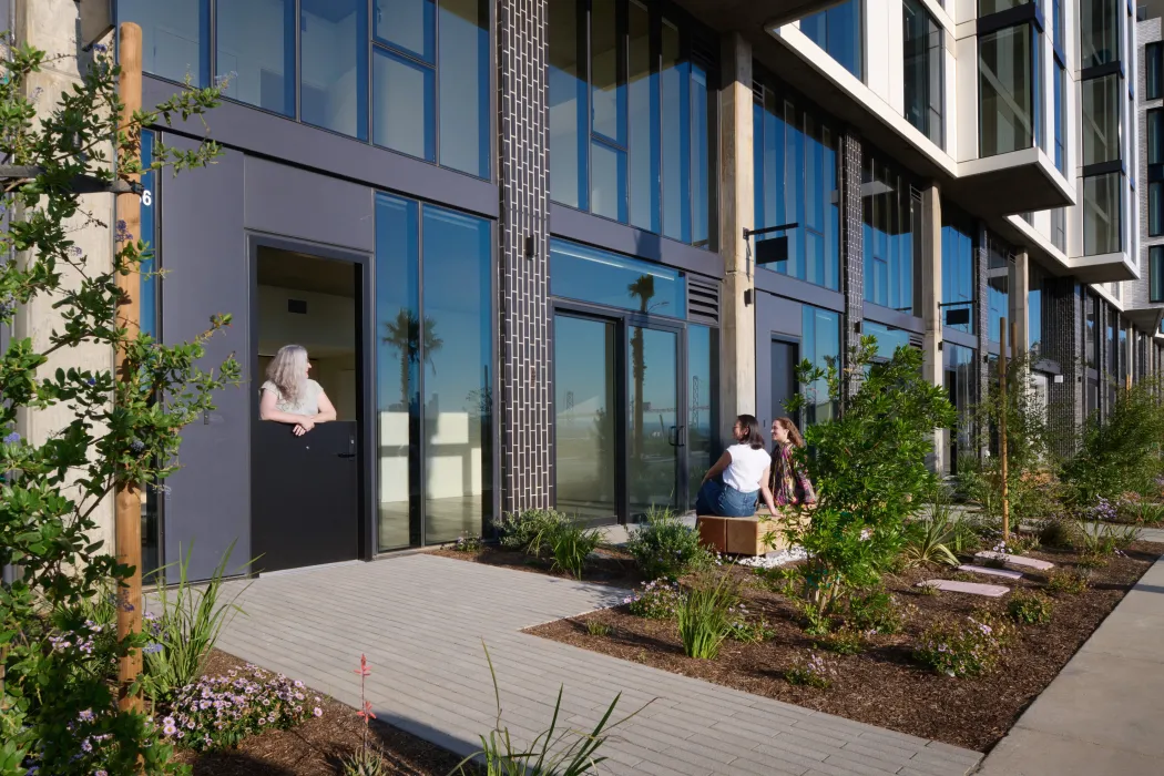 Exterior view of ground floor live-work units at Isle House on Treasure Island in San Francisco.