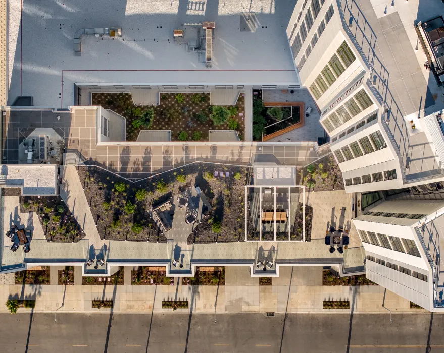 Aerial view of the resident lounge at Isle House on Treasure Island in San Francisco.