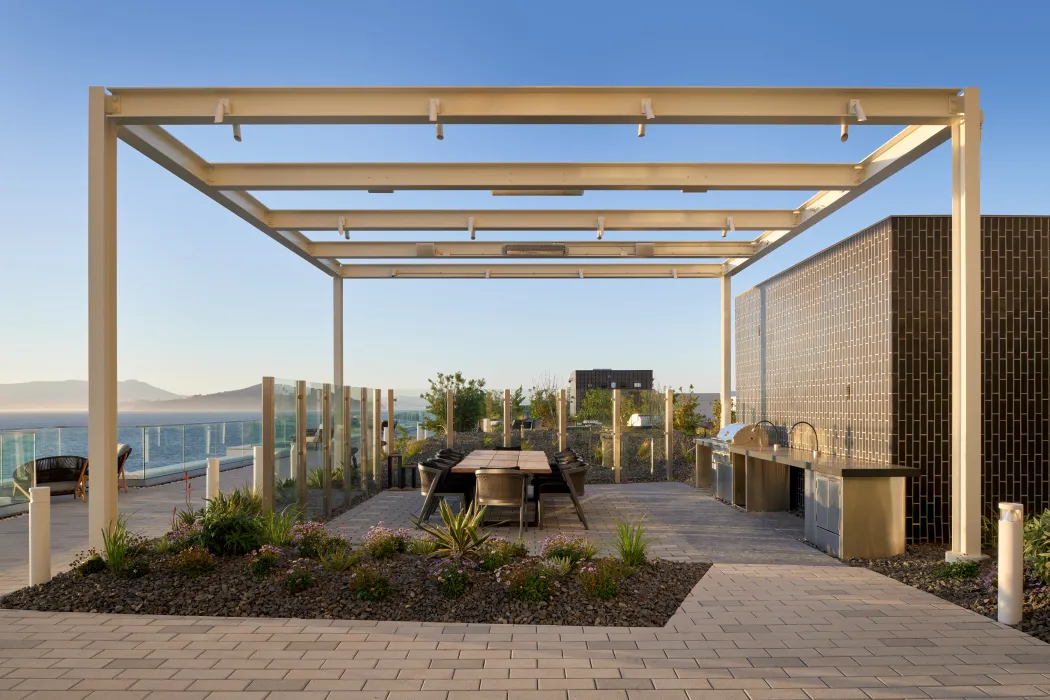 Resident roof deck at Isle House on Treasure Island in San Francisco.