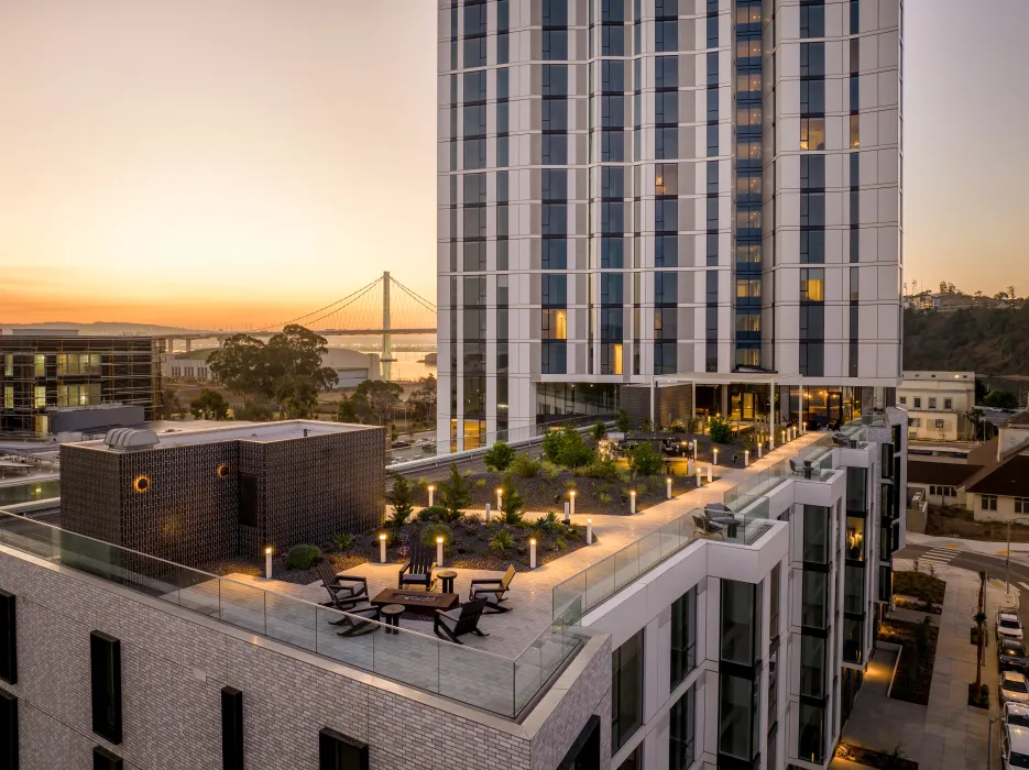 Birds eye view of the resident roof deck at Isle House on Treasure Island in San Francisco.