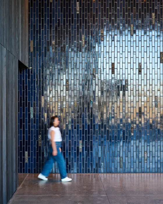 Interior lobby tile wall at Isle House on Treasure Island in San Francisco.