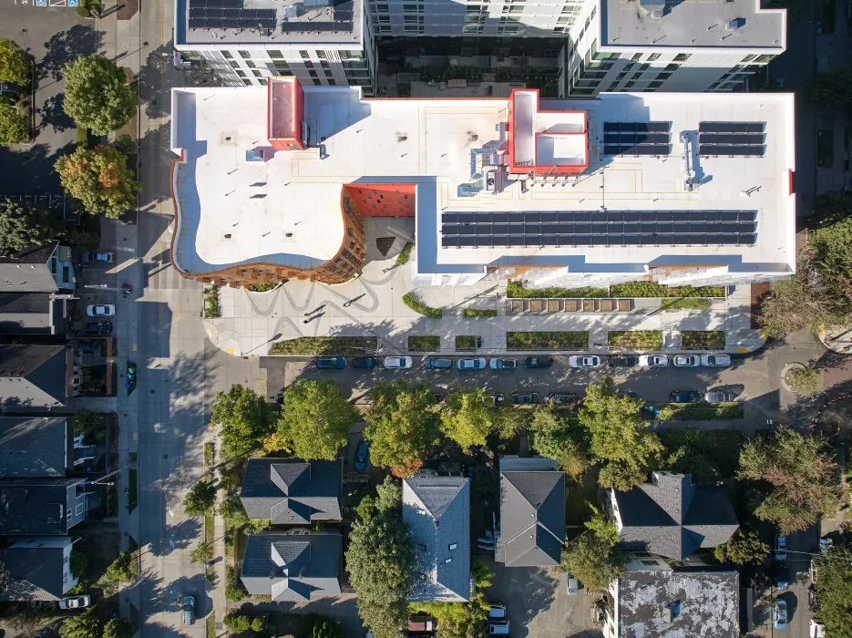 Aerial view of Africatown Plaza in Seattle.