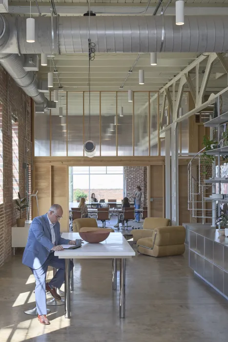 Collaborative open work space at Wyatt Builds office.