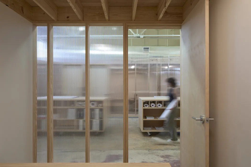 Looking out of the translucent double-walled polycarbonate panels at Wyatt Builds office.