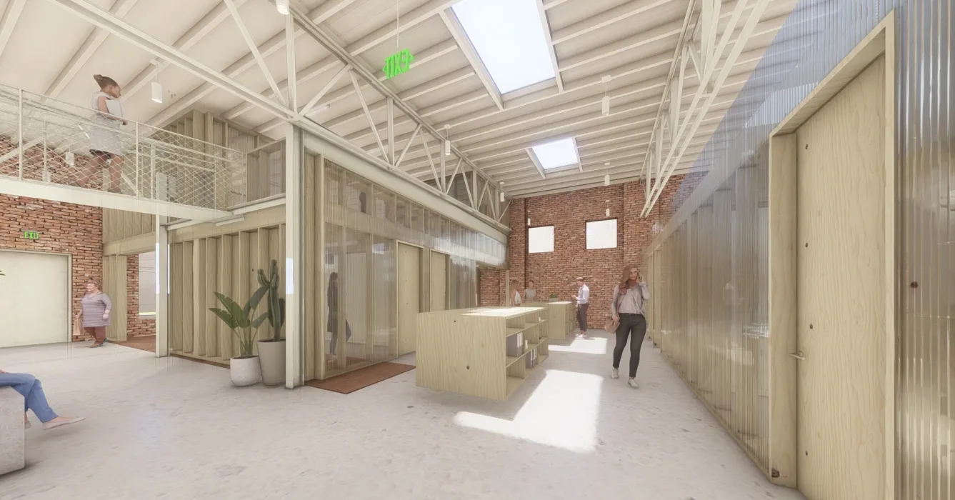 Interior rendering of Wyatt Builds office.