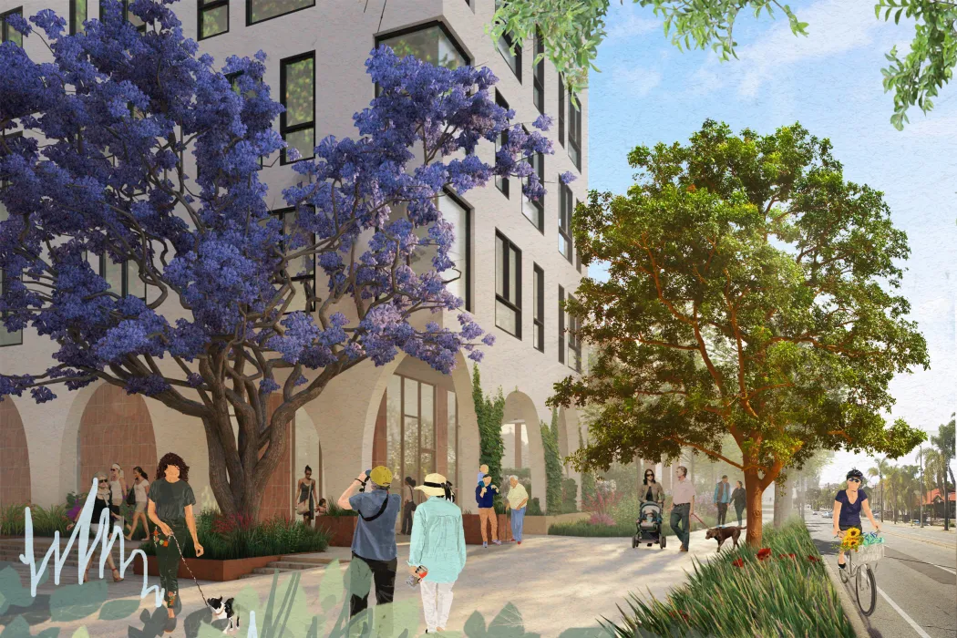 Exterior rendering of the paseo at The Neighborhood of State & Hope.