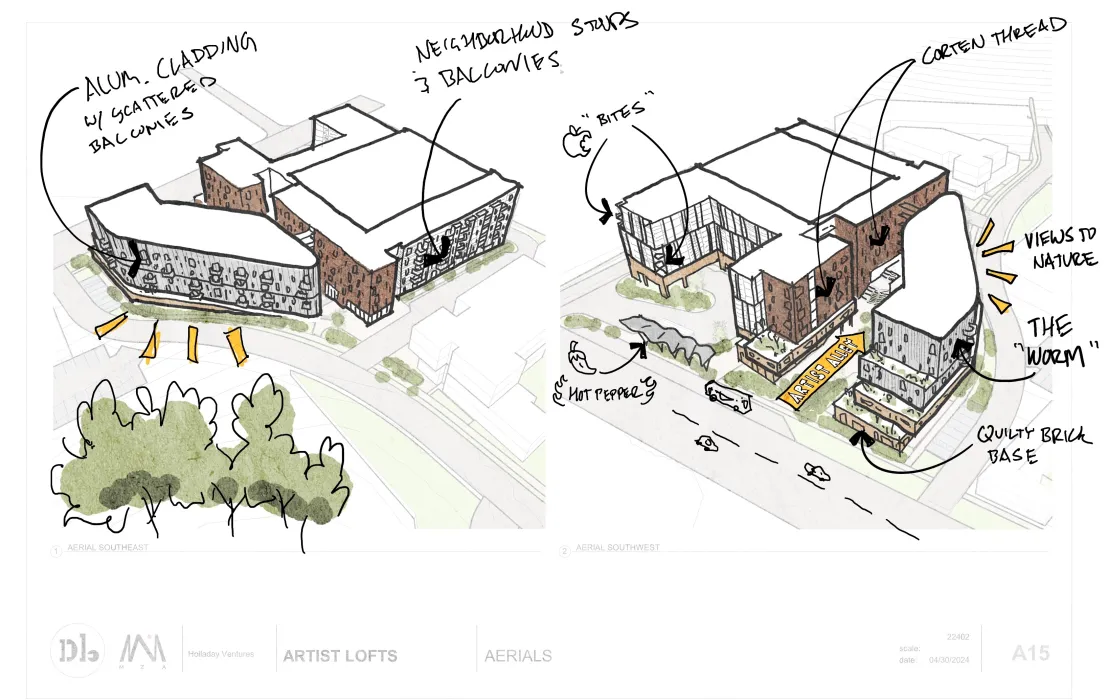 Aerial diagram sketch of the Artist Lofts site.